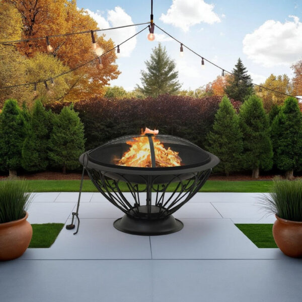 Outdoor Fire Pit with Poker and Mesh Cover, 30 Inch Black Steel Frame