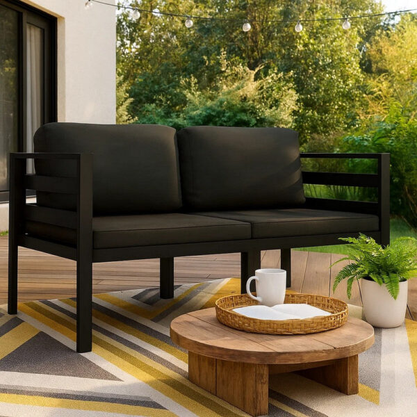 Shina 2pc Modular Outdoor Sofa Set, Black Aluminum, Polyester Fabric
