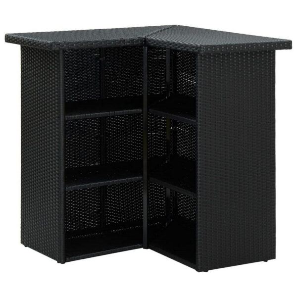 Outdoor Corner Bar Table, 3 Shelves, Black Rattan and Steel, 41 Inch