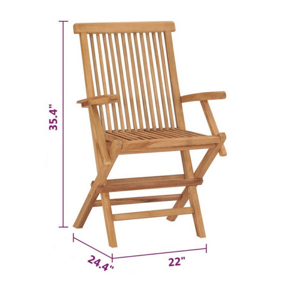 Folding Outdoor Chair Set of 2, Brown Solid Teak Wood, Slatted Back