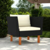 Outdoor Sofa Chair, Black Rattan, Ivory Cushions, Brown Wood 29 Inch