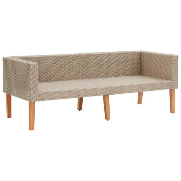 Outdoor Sofa, Beige Rattan, Gray Fabric Cushions, Brown Wood, 65 Inch