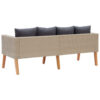 Outdoor Sofa, Beige Rattan, Gray Fabric Cushions, Brown Wood, 65 Inch