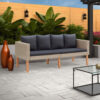 Outdoor Sofa, Beige Rattan, Gray Fabric Cushions, Brown Wood, 65 Inch