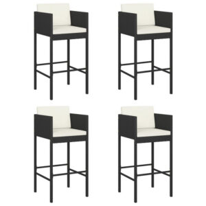 Outdoor Barstool Chair Set of 4, White Fabric Cushions, Black Rattan
