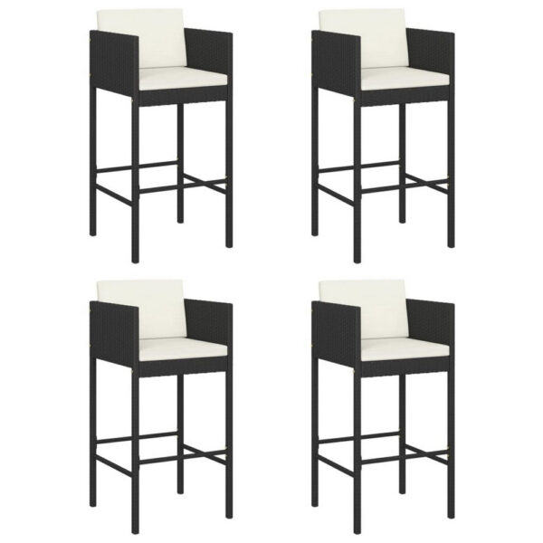 Outdoor Barstool Chair Set of 4, White Fabric Cushions, Black Rattan