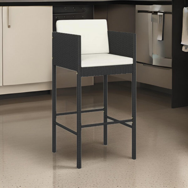 Outdoor Barstool Chair Set of 4, White Fabric Cushions, Black Rattan