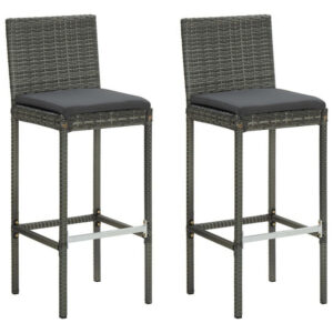 Outdoor Barstool Chair Set of 2, Gray Rattan, Black Fabric Cushions