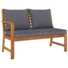 Patio Bench w Gray Cushions, Slatted Brown Solid Acacia Wood, 45 Inch