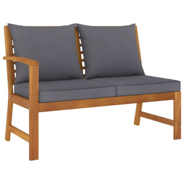 Patio Bench w Gray Cushions, Slatted Brown Solid Acacia Wood, 45 Inch