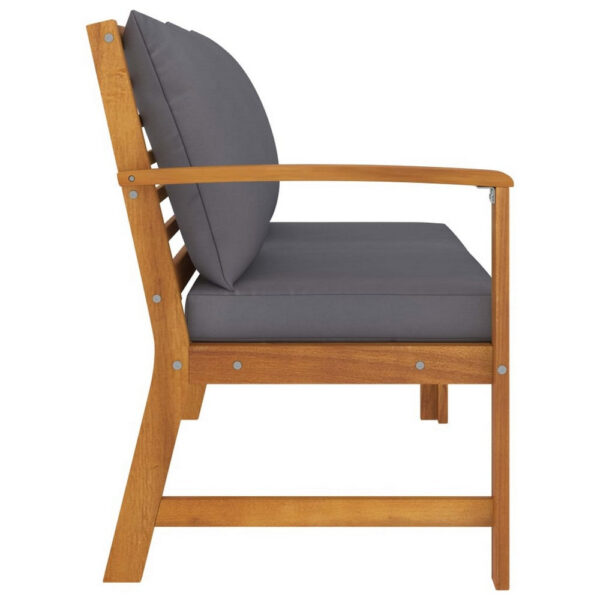 Patio Bench w Gray Cushions, Slatted Brown Solid Acacia Wood, 45 Inch