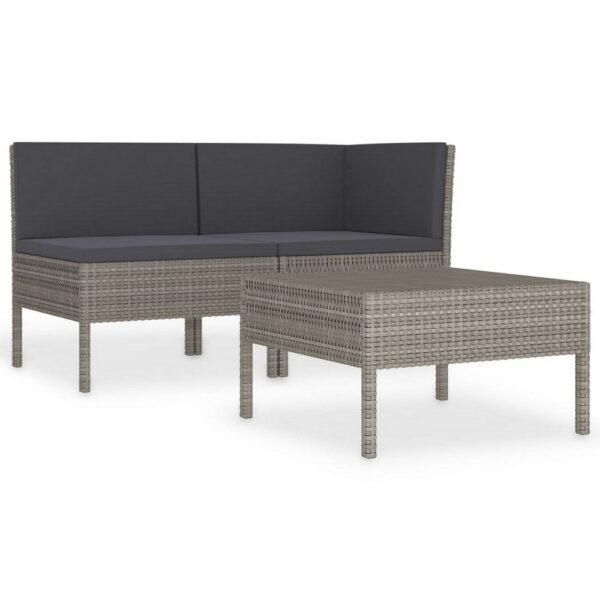 Outdoor 3pc Patio Sofa Set with Table, Dark Gray Cushions, Poly Rattan