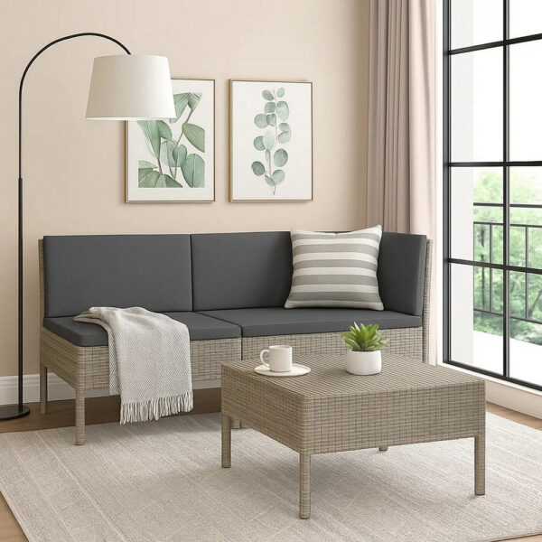 Outdoor 3pc Patio Sofa Set with Table, Dark Gray Cushions, Poly Rattan