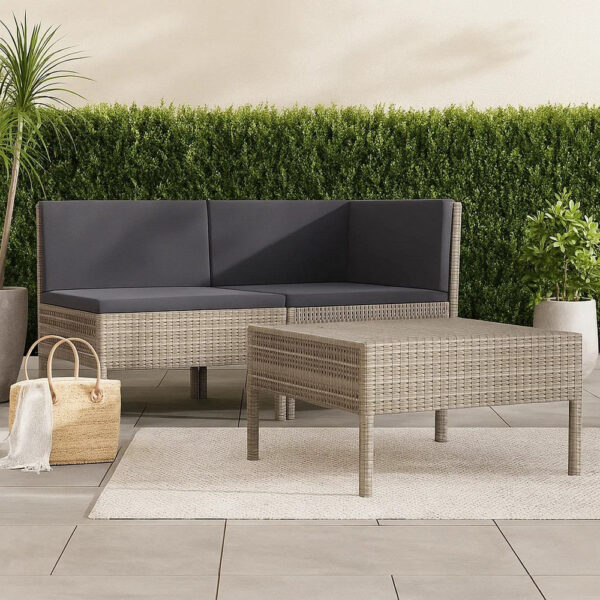 Outdoor 3pc Patio Sofa Set with Table, Dark Gray Cushions, Poly Rattan