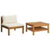 2pc Outdoor Patio Sofa and Table Set, Ivory Cushion, Brown Acacia Wood