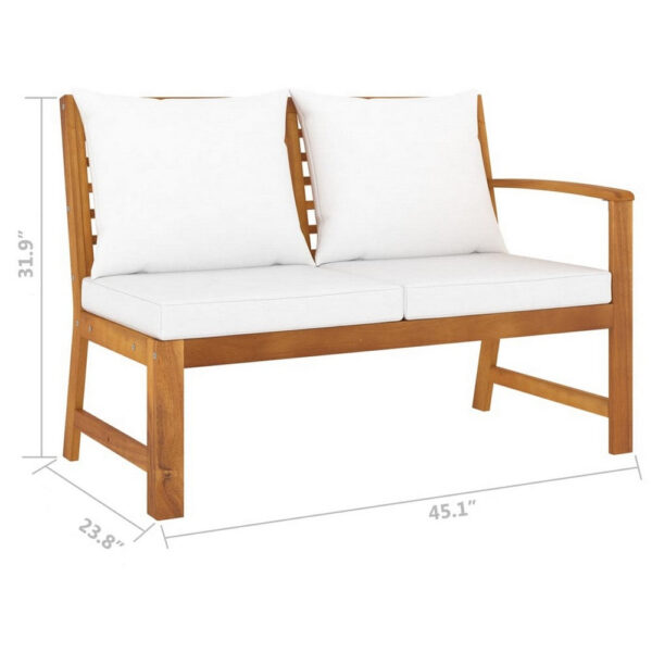 Outdoor Patio Bench, 45 Inch, Solid Brown Acacia Wood, Cream Polyester