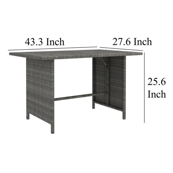 Outdoor Dining Table, 43 Inch Rectangular Top, Dark Gray Poly Rattan