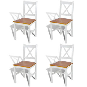 Outdoor Dining Side Chair Set of 4, Square Brown Pine Wood Seat, White