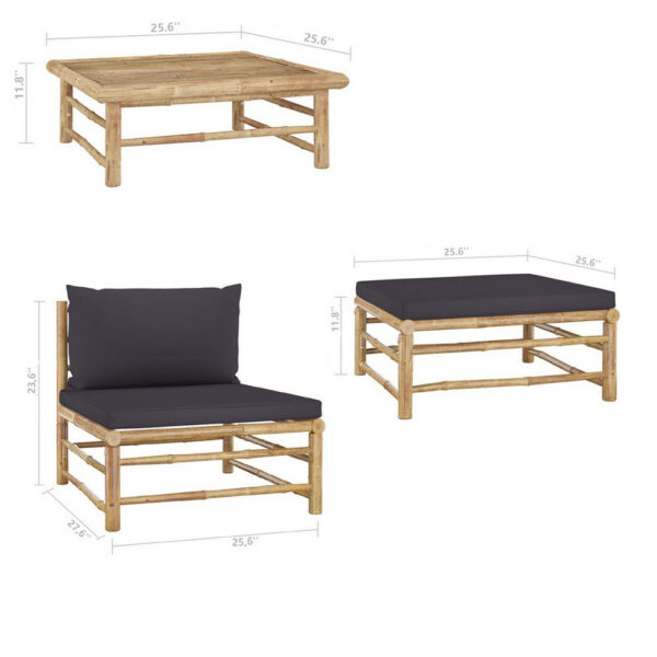 3pc Outdoor Modular Lounge Set, Table and Ottoman, Bamboo, Dark Gray