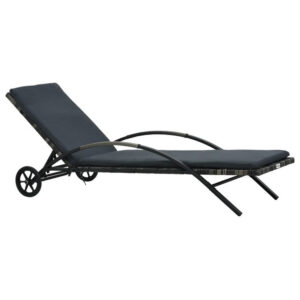 Sun Chaise Lounger with Cushion, 79 Inch, Wheels, Gray Poly Rattan