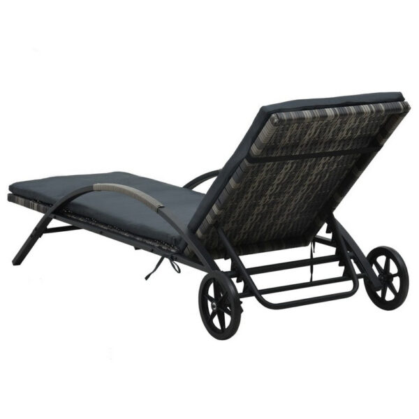 Sun Chaise Lounger with Cushion, 79 Inch, Wheels, Gray Poly Rattan