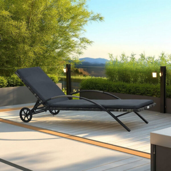 Sun Chaise Lounger with Cushion, 79 Inch, Wheels, Gray Poly Rattan