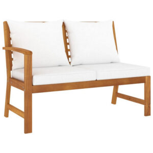 Patio Bench w White Cushions, Slatted Brown Solid Acacia Wood, 45 Inch