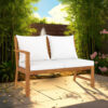 Patio Bench w White Cushions, Slatted Brown Solid Acacia Wood, 45 Inch