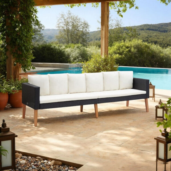 150220266991fedd648f0.jpeg 3 Seater Outdoor Sofa with White Fabric Cushions, Black Rattan 86 Inch