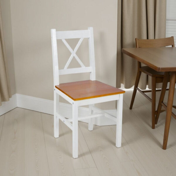 150220266991ff549424c.jpeg Dining Side Chair Set of 2, X Back Design, White, Brown Pine Wood