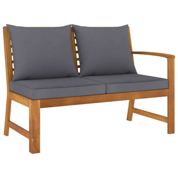 Outdoor Bench, Gray Fabric Cushions, Slatted Brown Solid Acacia Wood
