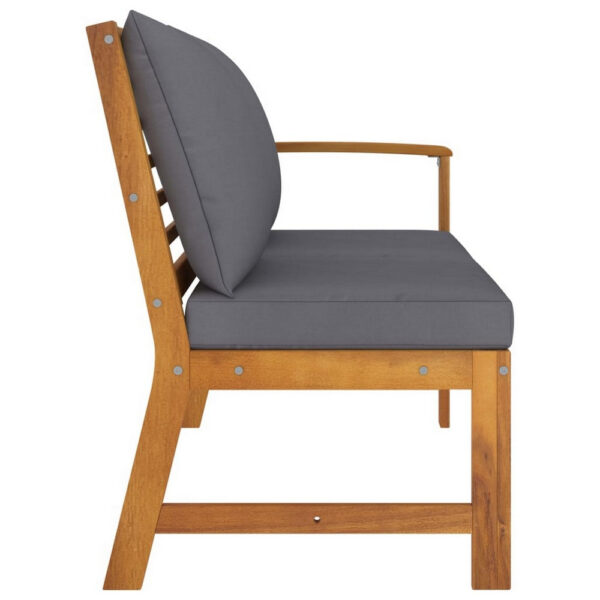 Outdoor Bench, Gray Fabric Cushions, Slatted Brown Solid Acacia Wood