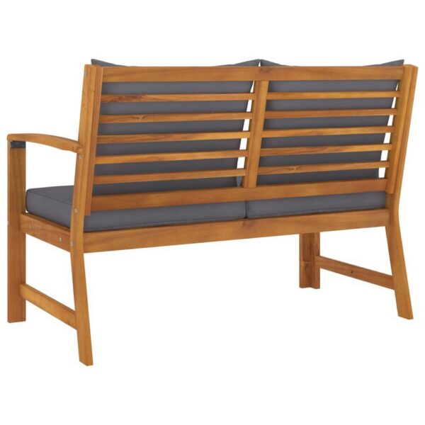 Outdoor Bench, Gray Fabric Cushions, Slatted Brown Solid Acacia Wood