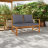 Outdoor Bench, Gray Fabric Cushions, Slatted Brown Solid Acacia Wood