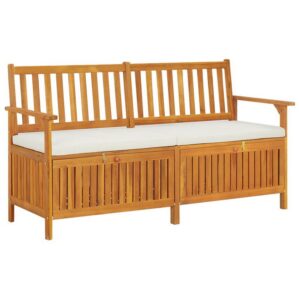Outdoor Storage Bench, 58 Inch Brown Acacia Wood, Cream White Cushion