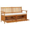 Outdoor Storage Bench, 58 Inch Brown Acacia Wood, Cream White Cushion