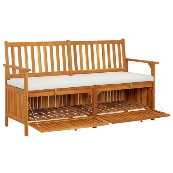 Outdoor Storage Bench, 58 Inch Brown Acacia Wood, Cream White Cushion