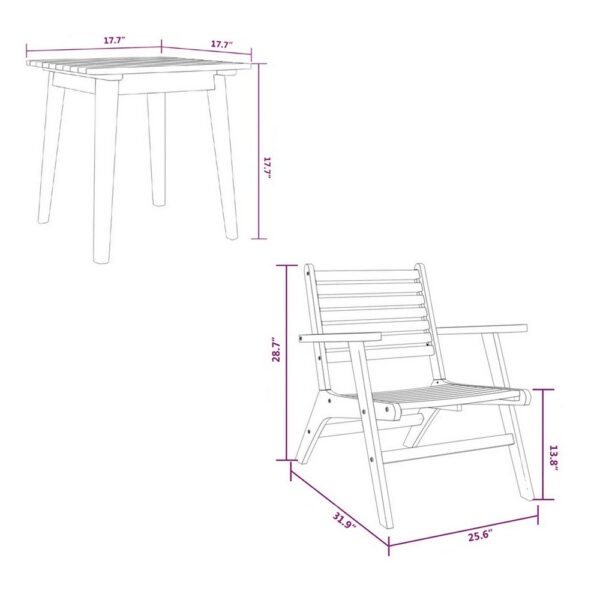 3pc Outdoor Tea Table Set, 2 Chair, Slatted Solid Brown Acacia Wood