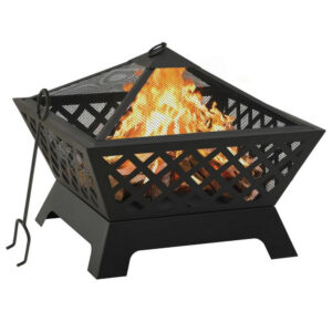 150220266992013a401de.jpeg Outdoor Fire Pit with Poker n Mesh Cover, 25 Inch Square, Black Steel