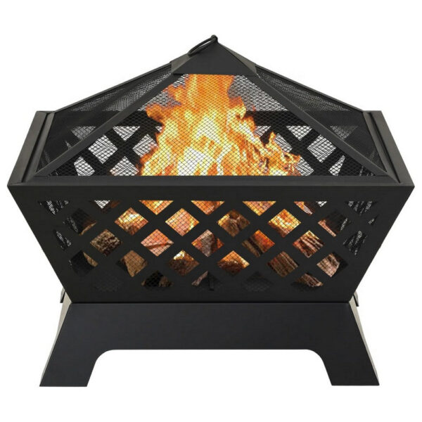 Outdoor Fire Pit with Poker n Mesh Cover, 25 Inch Square, Black Steel