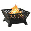 Outdoor Fire Pit with Poker n Mesh Cover, 25 Inch Square, Black Steel