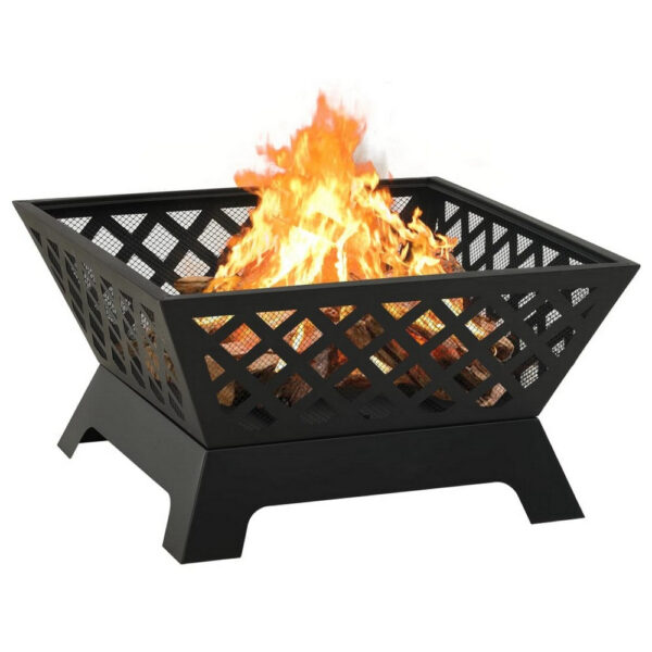 Outdoor Fire Pit with Poker n Mesh Cover, 25 Inch Square, Black Steel
