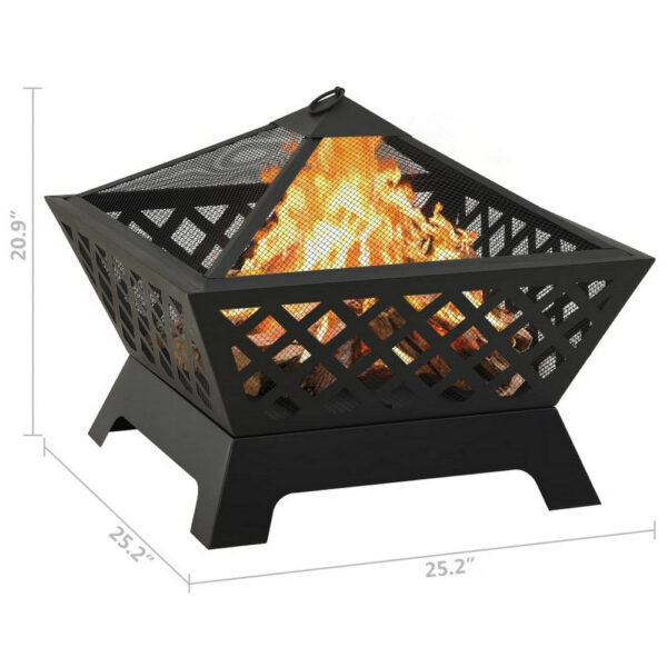 Outdoor Fire Pit with Poker n Mesh Cover, 25 Inch Square, Black Steel