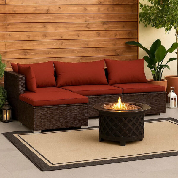 Faye 4pc Outdoor Modular Sofa Set, Brown Poly Rattan and Red Polyester