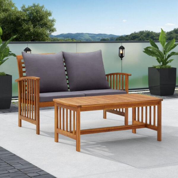 Mia 2pc Loveseat Sofa and Coffee Table Set, Slatted Acacia Wood, Gray