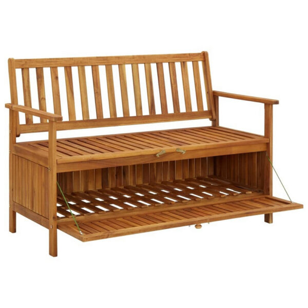Outdoor Storage Bench, Slatted, 47 Inch Natural Brown Acacia Wood