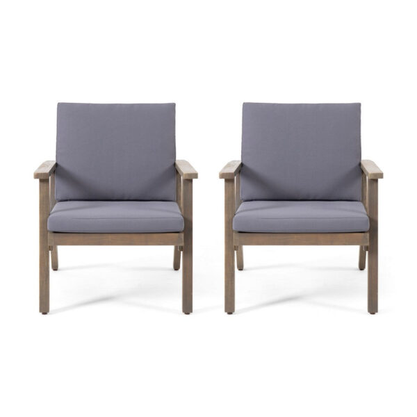 Elin Outdoor Club Chair Set of 2, Acacia Wood Frame, Gray Cushions