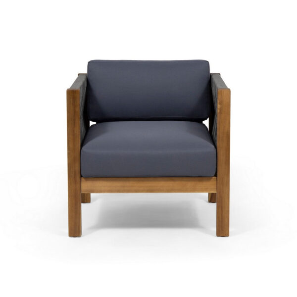 Club Lounge Chair, Woven Rattan Rope, Brown Acacia Wood, Gray Fabric