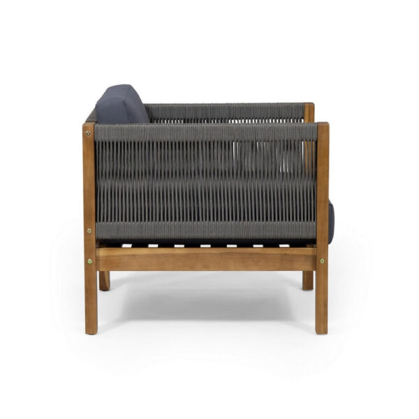 Club Lounge Chair, Woven Rattan Rope, Brown Acacia Wood, Gray Fabric