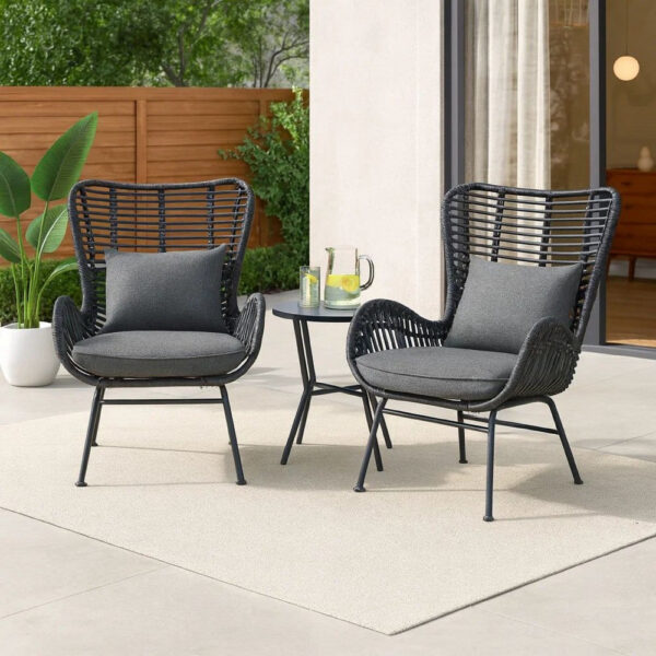 Slay Outdoor Accent Chair Set of 2, 25 Inch, Gray Woven Rattan, Iron Legs